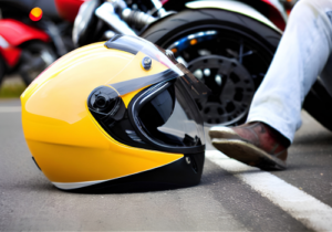 helmet of an injured motorcyclist on the street