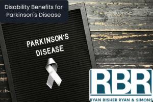 board with Parkinson's Disease and an awareness ribbon - a concept for Disability Benefits for Parkinson's Disease